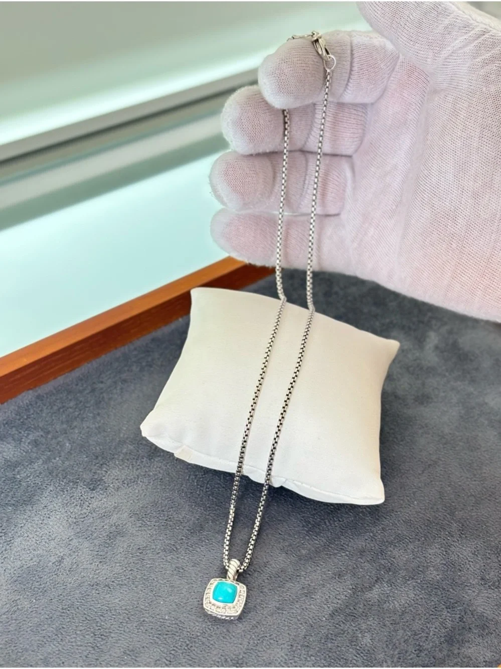 David Yurman Petite Albion Pendant Necklace with Turquoise & Diamonds 17" - Picture 9 of 9